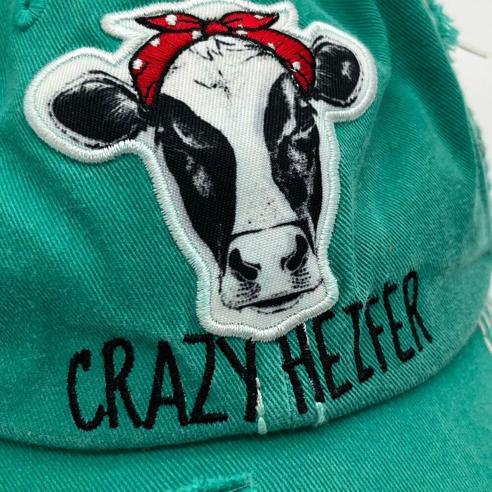 NWT Crazy Heifer Baseball Cap Adjustable Teal Green‎ Distressed Hat Cow KBETHOS
